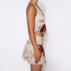 2Pcs Printed Suit Summer Sexy V-neck Halter Top And Pleated Short Skirt Women's Dress Set Clothing