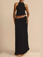 New Fashionable And Sexy Backless Hanging Neck Strap Pleated Lace Lace Vest Long Skirt Set